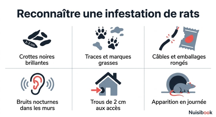 Infographie listant les 6 signes d'une infestation de rats : crottes en fuseau, traces grasses, câbles rongés, bruits nocturnes, trous d'accès et apparitions diurnes