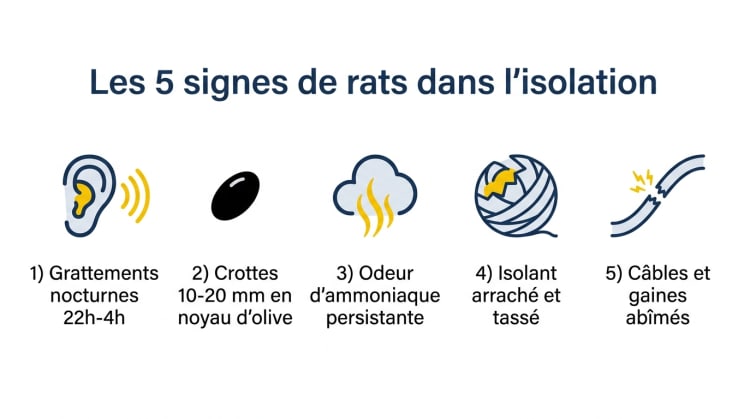 Infographie présentant les 5 signes principaux indiquant la présence de rats dans l'isolation : grattements nocturnes, crottes en forme de noyau d'olive, odeur d'ammoniaque, isolant arraché et câbles électriques rongés.
