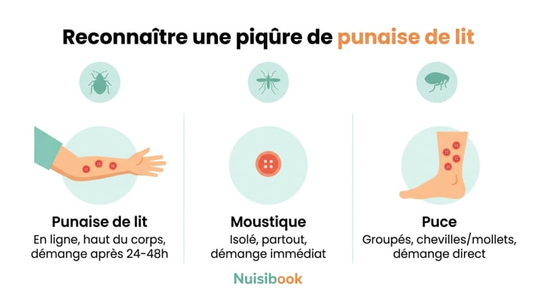 Infographie comparant les piqûres de punaises de lit, moustiques et puces : forme, localisation sur le corps et délai d'apparition des démangeaisons