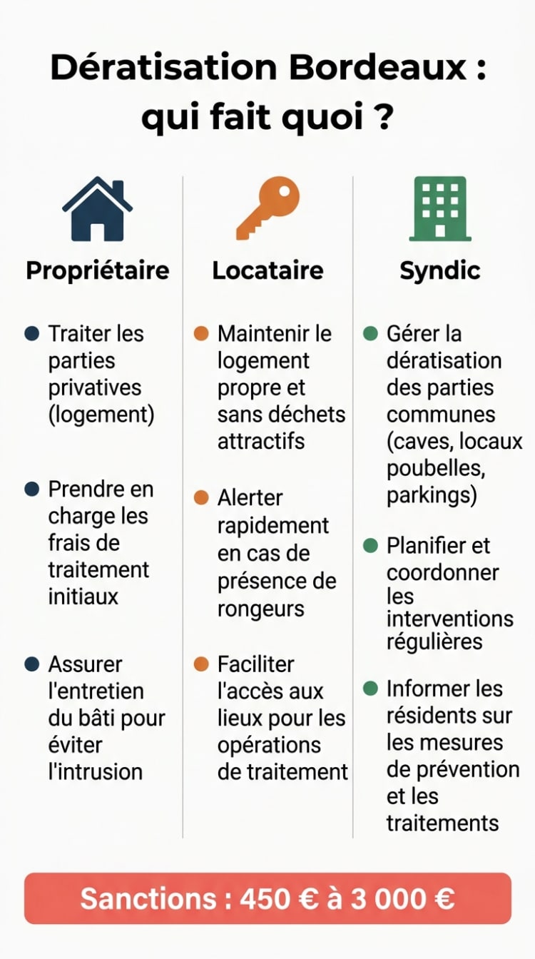 Infographie répartissant les obligations de dératisation à Bordeaux entre propriétaire, locataire et syndic, avec rappel des sanctions encourues de 450 à 3 000 euros.