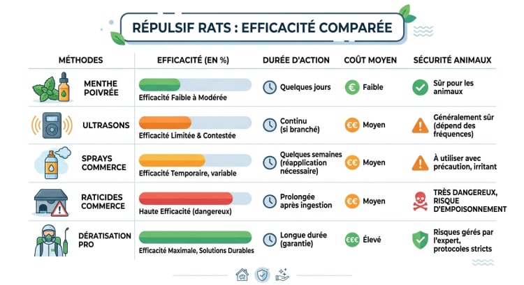 Infographie comparant l'efficacité de 5 méthodes anti-rats : menthe poivrée, ultrasons, sprays du commerce, raticides et dératisation professionnelle, avec scores d'efficacité, durée d'action et niveau de sécurité