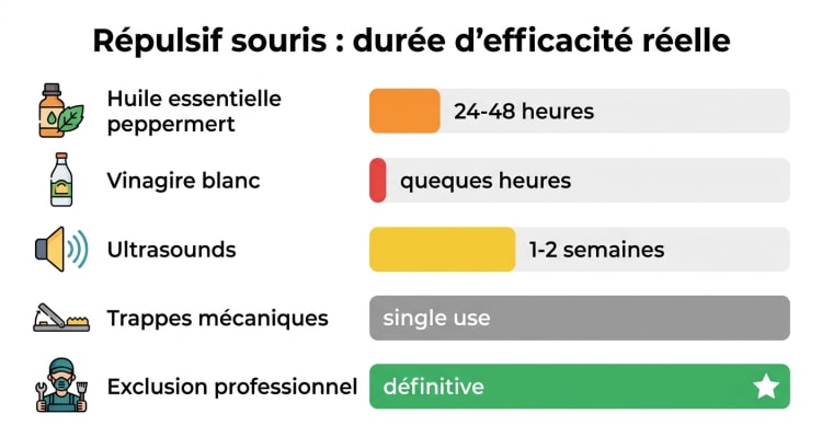 Infographie comparant la durée d'efficacité réelle de 5 méthodes anti-souris : huile essentielle (48h), vinaigre (quelques heures), ultrasons (2 semaines), pièges (usage unique) et exclusion professionnelle (définitif)