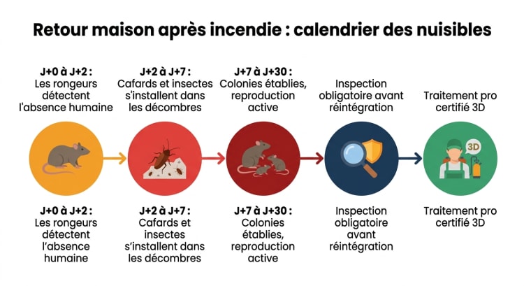 Chronologie des nuisibles après un incendie domestique : de l'installation des rongeurs en 48h à la nécessité d'un traitement professionnel certifié avant réintégration