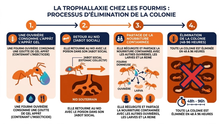 Schéma explicatif du mécanisme de la trophallaxie en 4 étapes : consommation du gel appât par une fourmi ouvrière, retour au nid avec le poison dans le jabot social, partage par régurgitation à la reine et aux larves, élimination complète de la colonie en 48 à 96 heures.