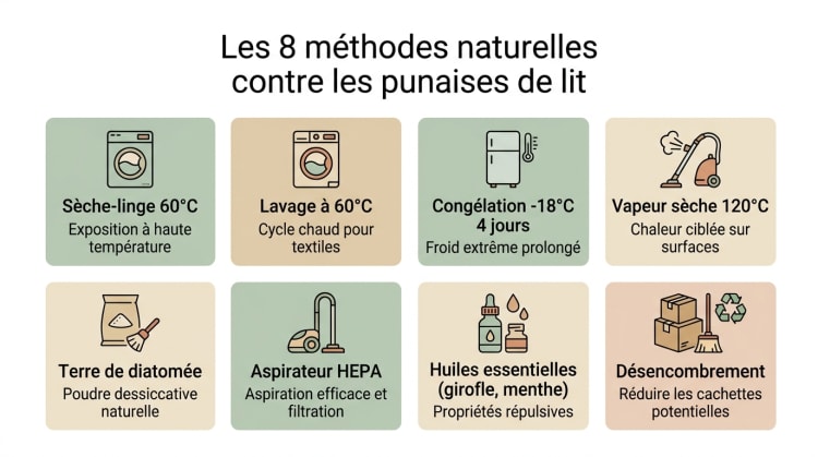 Infographie présentant les 8 méthodes naturelles efficaces pour se débarrasser des punaises de lit : sèche-linge, lavage chaud, congélation, vapeur sèche, terre de diatomée, aspirateur HEPA, huiles essentielles et désencombrement.