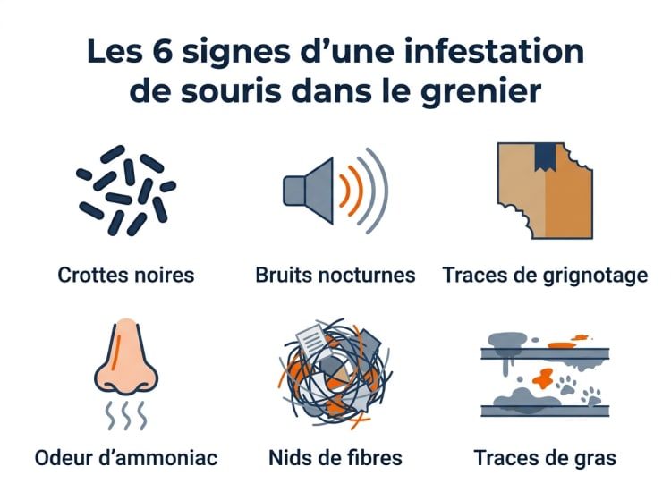 Infographie présentant les 6 signes révélateurs de la présence de souris dans un grenier : crottes, bruits nocturnes, traces de grignotage, odeur, nids et traces de gras