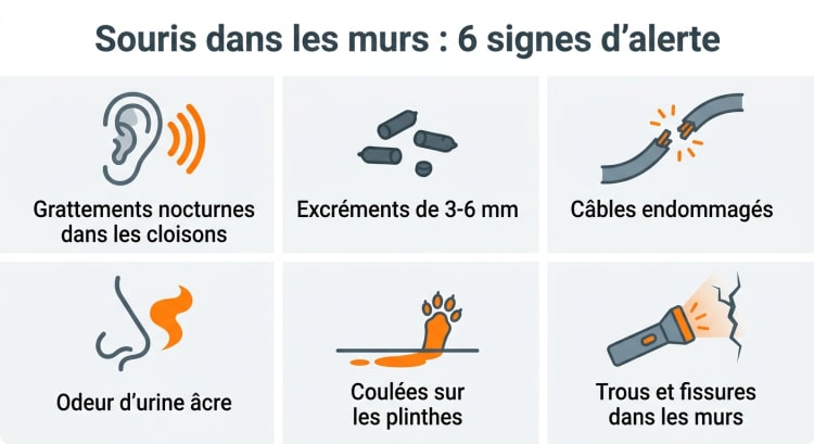 Infographie des 6 signes révélateurs d'une présence de souris dans les murs : bruits nocturnes, crottes, câbles rongés, odeur d'urine, coulées sur les plinthes et trous dans les murs