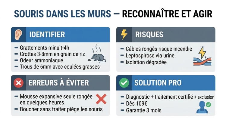 Infographie illustrant les 5 signes d'alerte d'une infestation de souris dans les murs : bruits nocturnes, crottes, odeur d'ammoniaque, câbles rongés et isolation endommagée