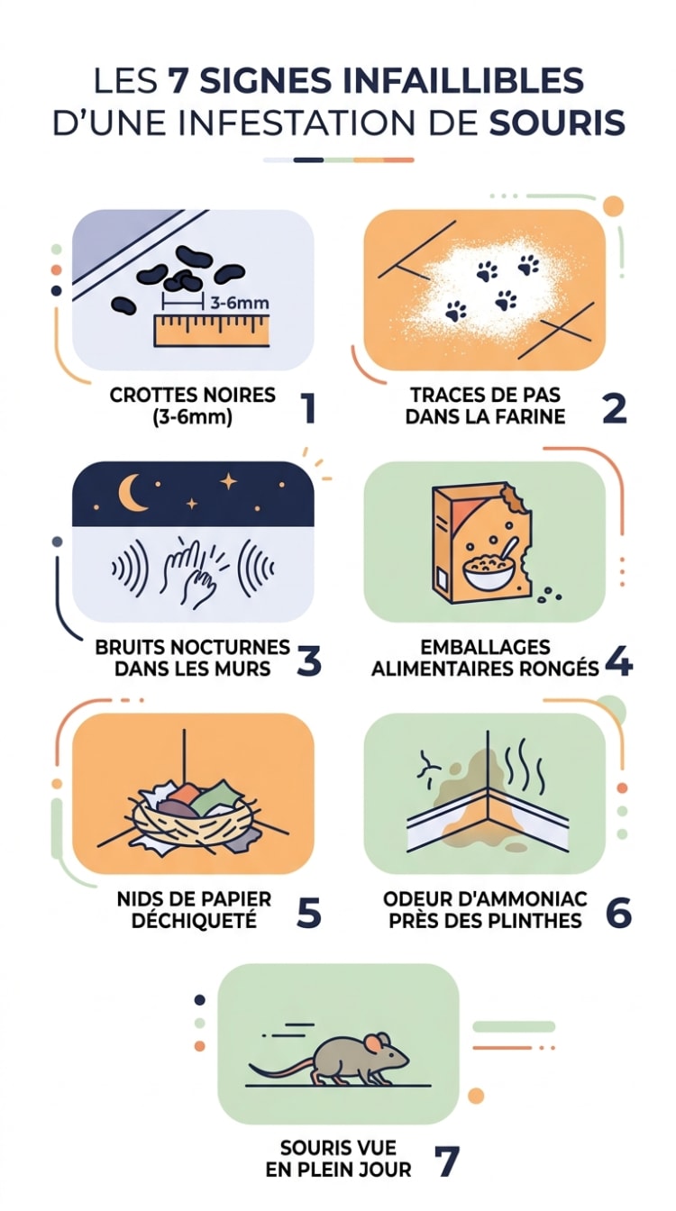 Infographie listant les 7 signes infaillibles d'une infestation de souris à la maison : crottes, traces, bruits nocturnes, emballages rongés, nids, odeur d'ammoniac et observations diurnes.