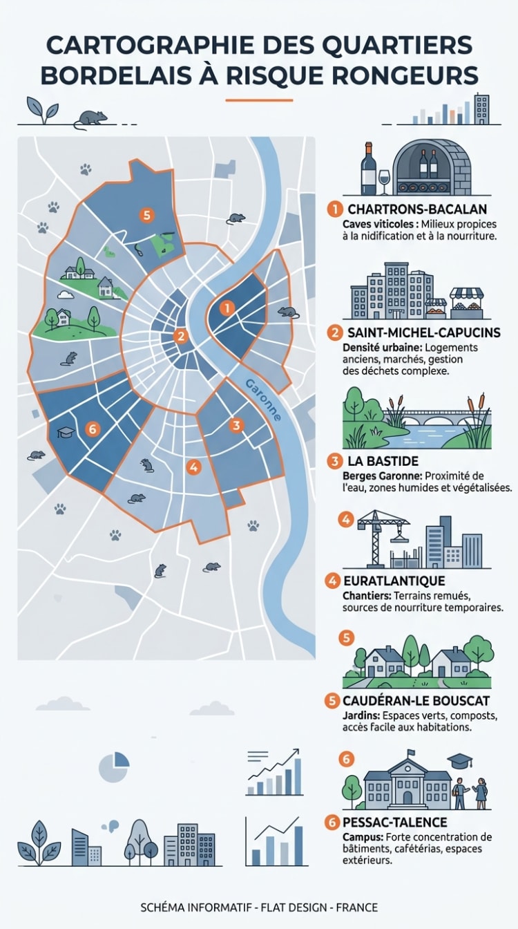Carte des 6 quartiers bordelais les plus exposés aux rongeurs : Chartrons-Bacalan, Saint-Michel-Capucins, La Bastide, Euratlantique, Caudéran-Le Bouscat et Pessac-Talence