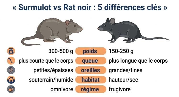 Infographie comparant le surmulot et le rat noir sur cinq critères : poids, queue, oreilles, habitat et régime alimentaire.