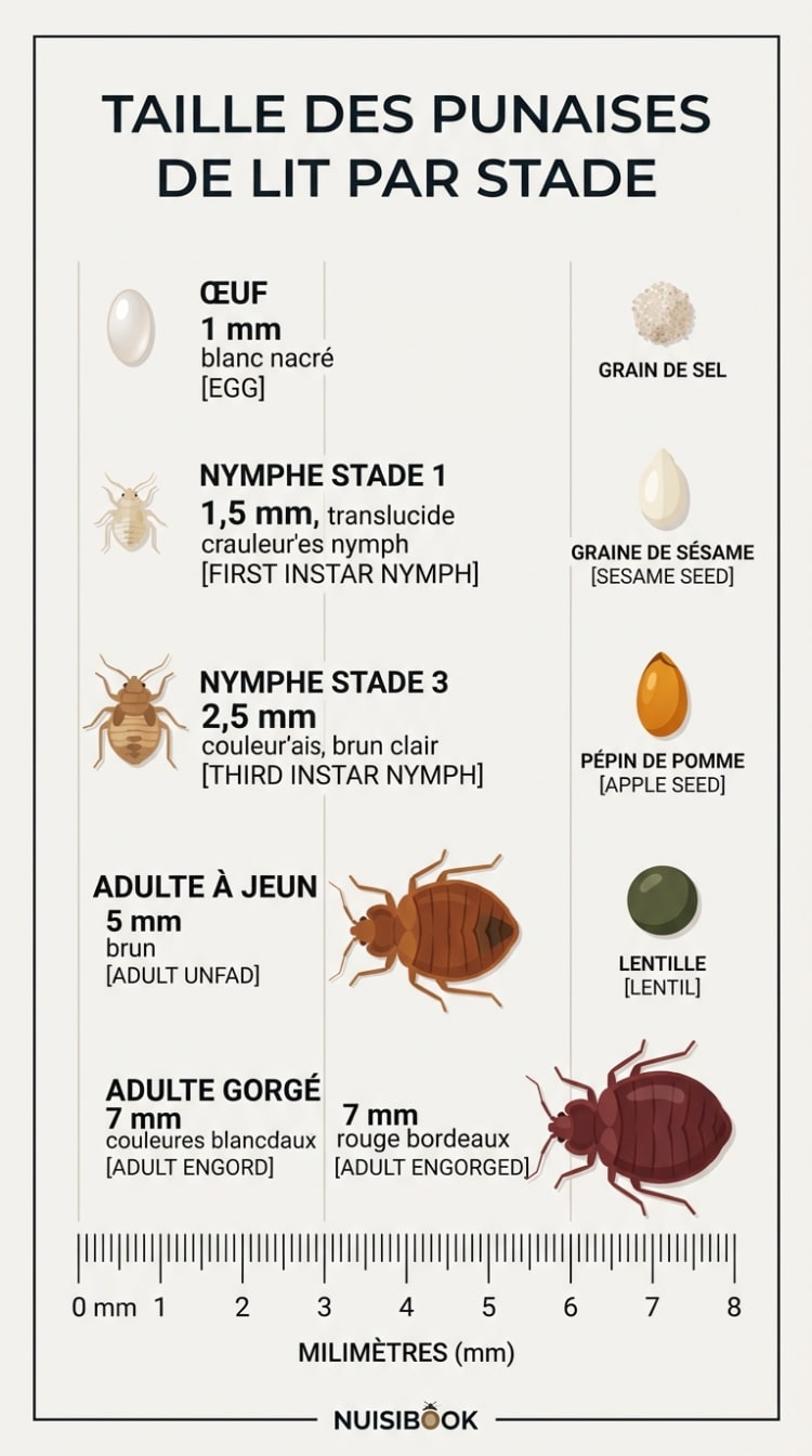 Infographie comparative montrant la taille des punaises de lit à chaque stade de développement : œuf (1 mm), nymphe stade 1 (1,5 mm), nymphe stade 3 (2,5 mm), adulte à jeun (5 mm) et adulte gorgé de sang (7 mm), avec objets de comparaison et règle graduée