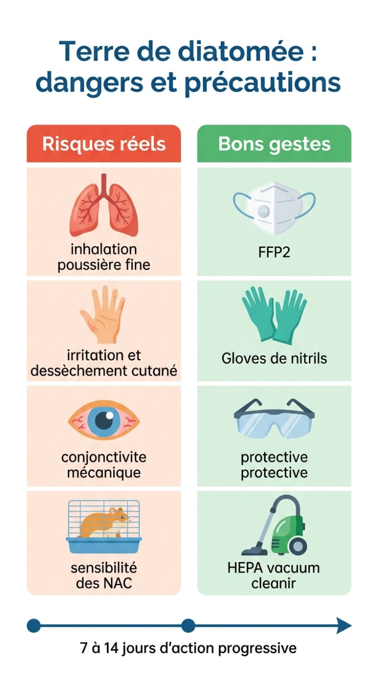 Infographie comparant les risques réels de la terre de diatomée (inhalation, irritation cutanée, yeux, animaux sensibles) et les bons gestes de protection (masque FFP2, gants, lunettes, aspirateur HEPA), avec une timeline d'action de 7 à 14 jours.