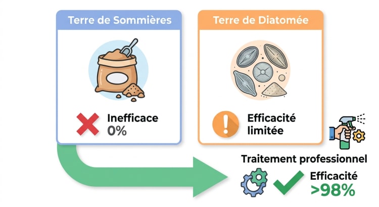 Comparatif visuel terre de Sommières vs terre de diatomée vs traitement professionnel contre les punaises de lit avec taux d'efficacité