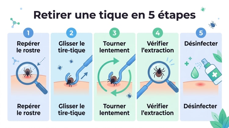 Infographie pédagogique illustrant les 5 étapes officielles pour retirer une tique sur l'humain : repérage, saisie avec un tire-tique, rotation lente, vérification de l'extraction et désinfection avec surveillance de la zone de morsure