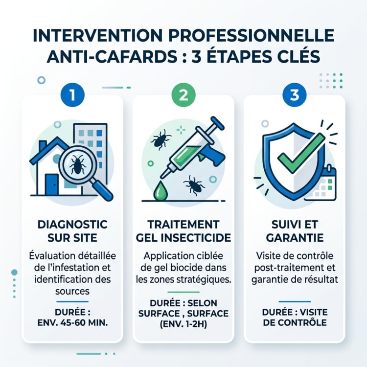 Infographie des 3 étapes d'un traitement professionnel anti-cafards Nuisibook : diagnostic sur site, traitement au gel insecticide puis suivi avec garantie de résultat