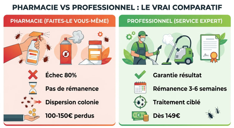 Infographie comparative des traitements punaises de lit : pharmacie (80% d'échec, pas de rémanence, 100-150€ perdus) versus professionnel Nuisibook (garantie résultat, rémanence 3-6 semaines, dès 149€)