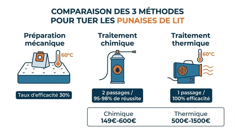 Infographie comparative des 3 méthodes professionnelles pour tuer les punaises de lit : préparation mécanique, traitement chimique en 2 passages et traitement thermique, avec taux d'efficacité et fourchettes de prix