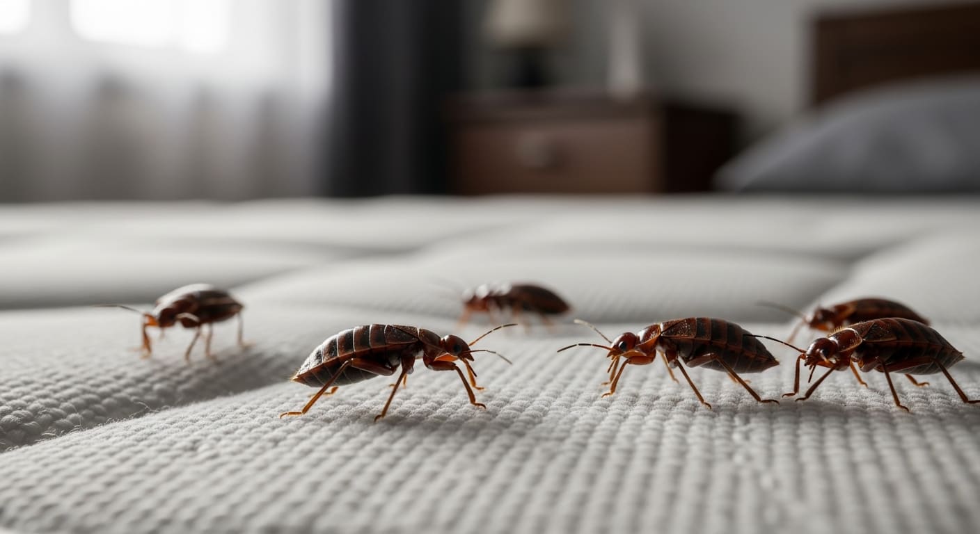 Gros plan sur des punaises de lit adultes sur un tissu de matelas illustrant l'odeur caractéristique de ces nuisibles