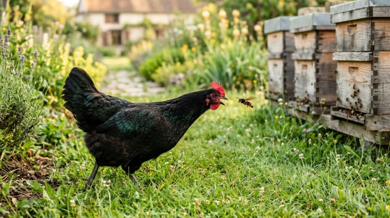 Poule noire de Janzé attrapant un frelon asiatique en vol stationnaire devant des ruches