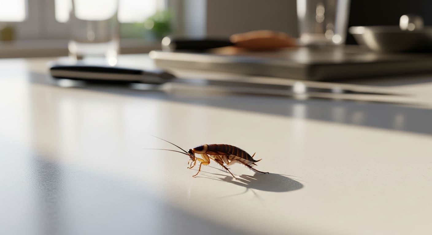 Petit cafard marron sur plan de travail de cuisine éclairé