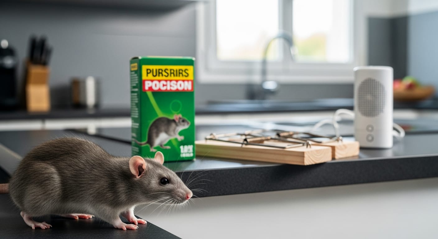 Rat gris dans une cuisine avec différents produits anti rat inefficaces en arrière-plan