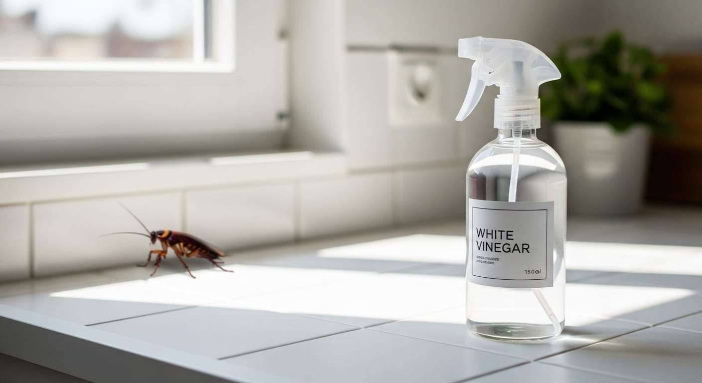 Spray de vinaigre blanc posé sur un plan de travail de cuisine avec un cafard en arrière-plan