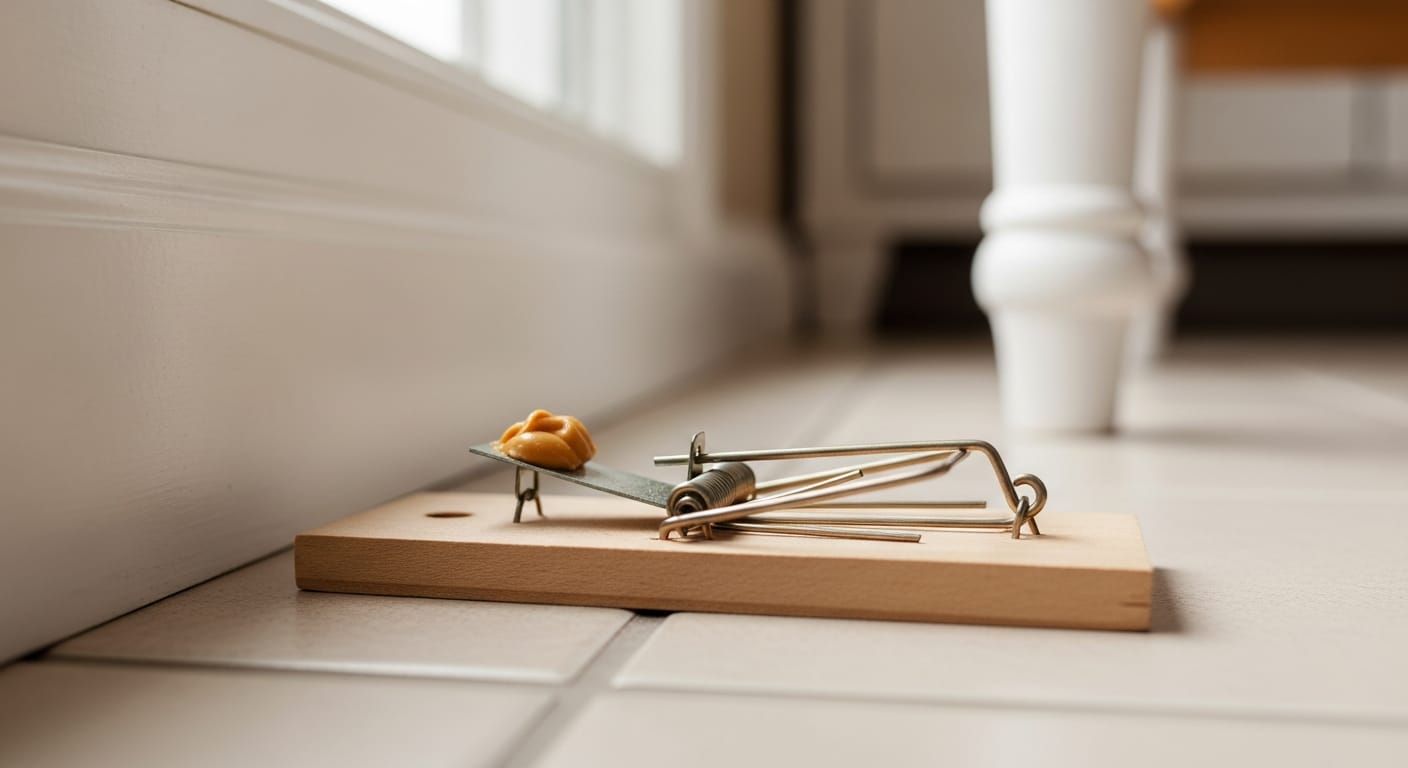 Piège à souris mécanique en bois avec appât au beurre de cacahuète posé le long d'un mur de cuisine