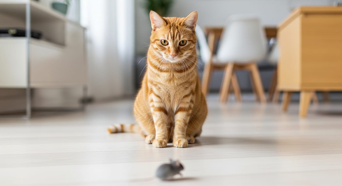 Chat roux observant une souris grise dans un salon, illustrant le comportement de chasse félin face aux rongeurs domestiques