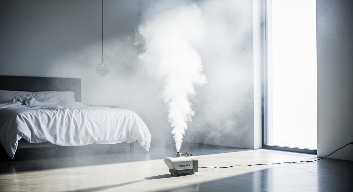 Fumigène anti-punaise de lit en action dans une chambre à coucher