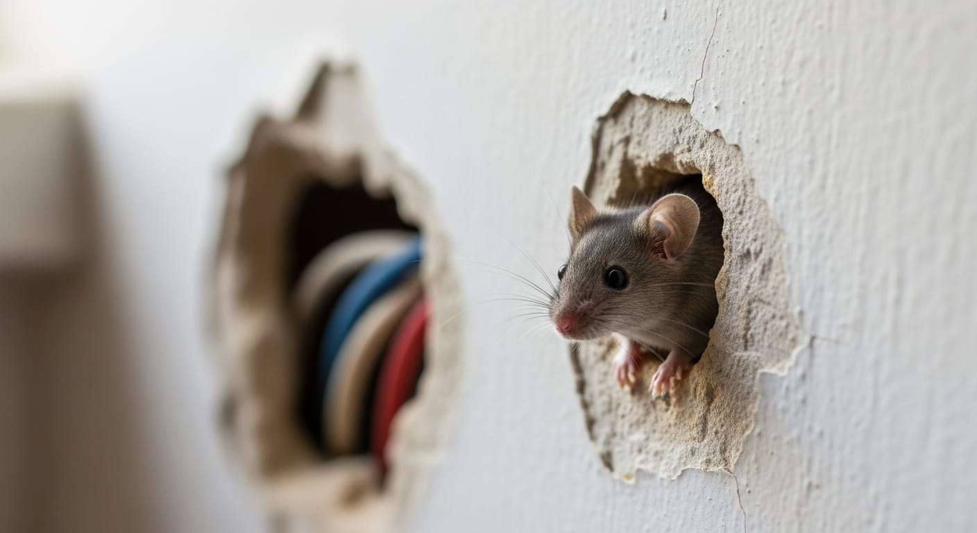 Souris grise sortant d'un trou dans un mur en plâtre avec fils électriques visibles