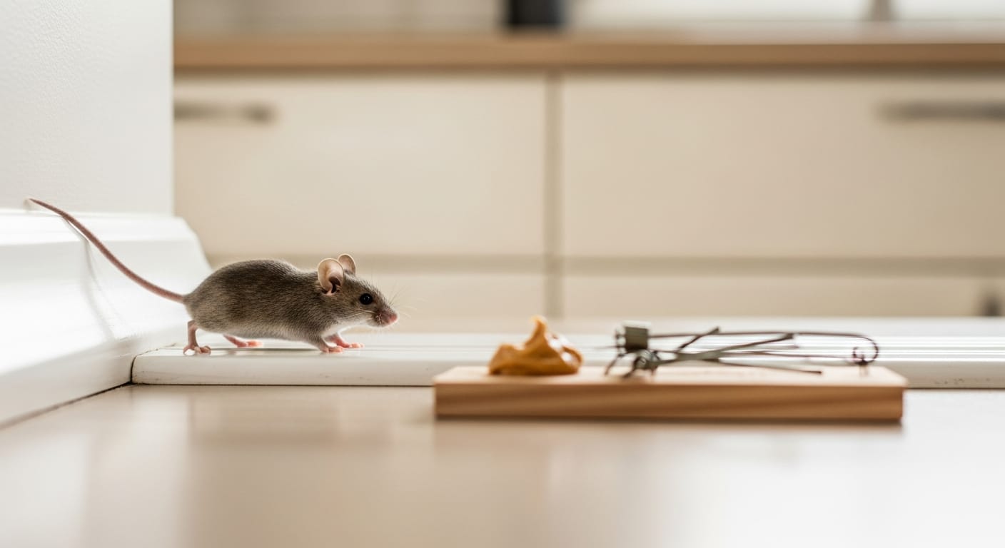 Souris grise longeant une plinthe de cuisine avec piège mécanique positionné perpendiculairement au mur