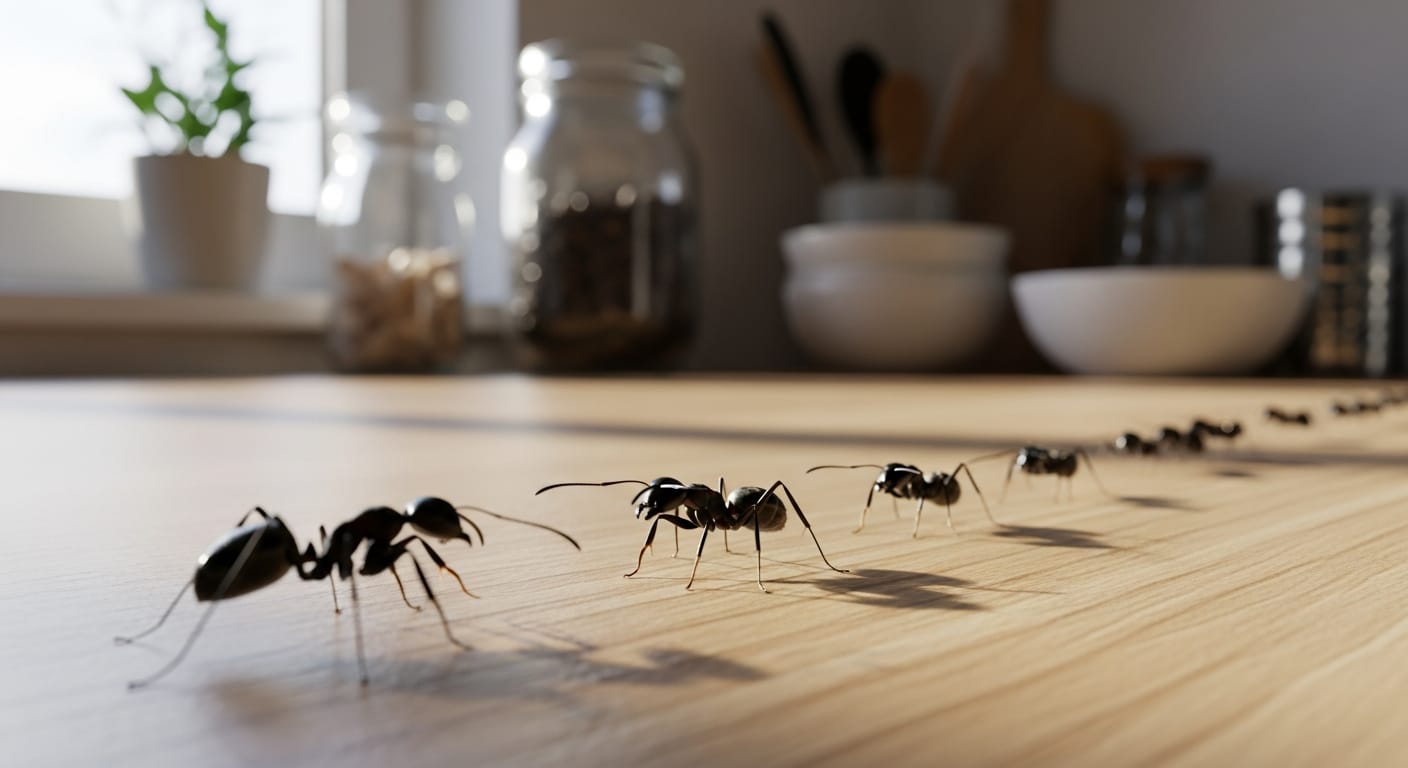 Colonie de fourmis noires en file indienne sur un plan de travail de cuisine