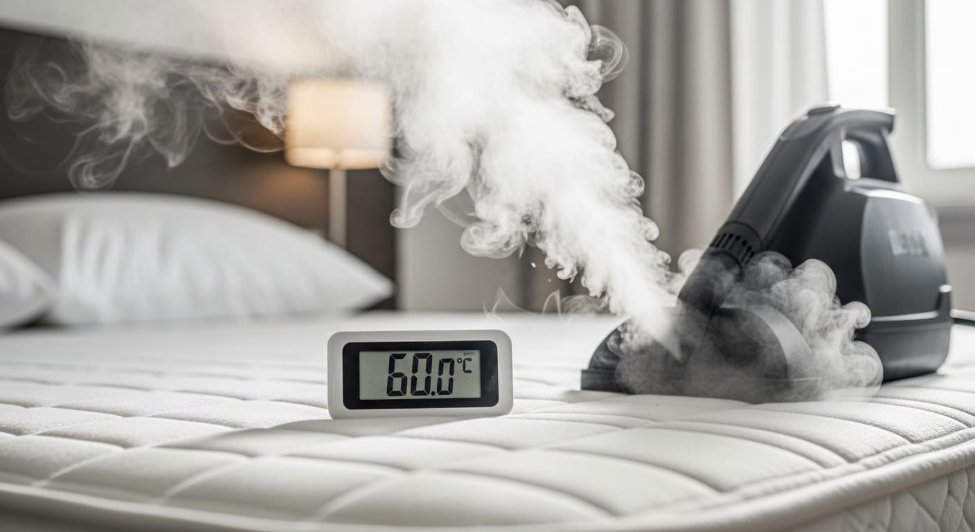 Thermomètre affichant 60 degrés à côté d'un nettoyeur vapeur traitant un matelas contre les punaises de lit