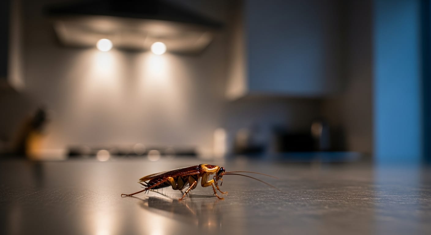 Cafard blatte germanique en gros plan sur surface de cuisine la nuit