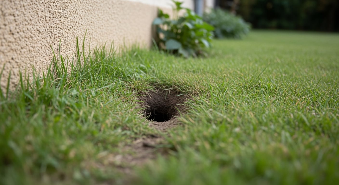 Entrée de terrier de rat diamètre 8 cm dans jardin près d'un mur de maison
