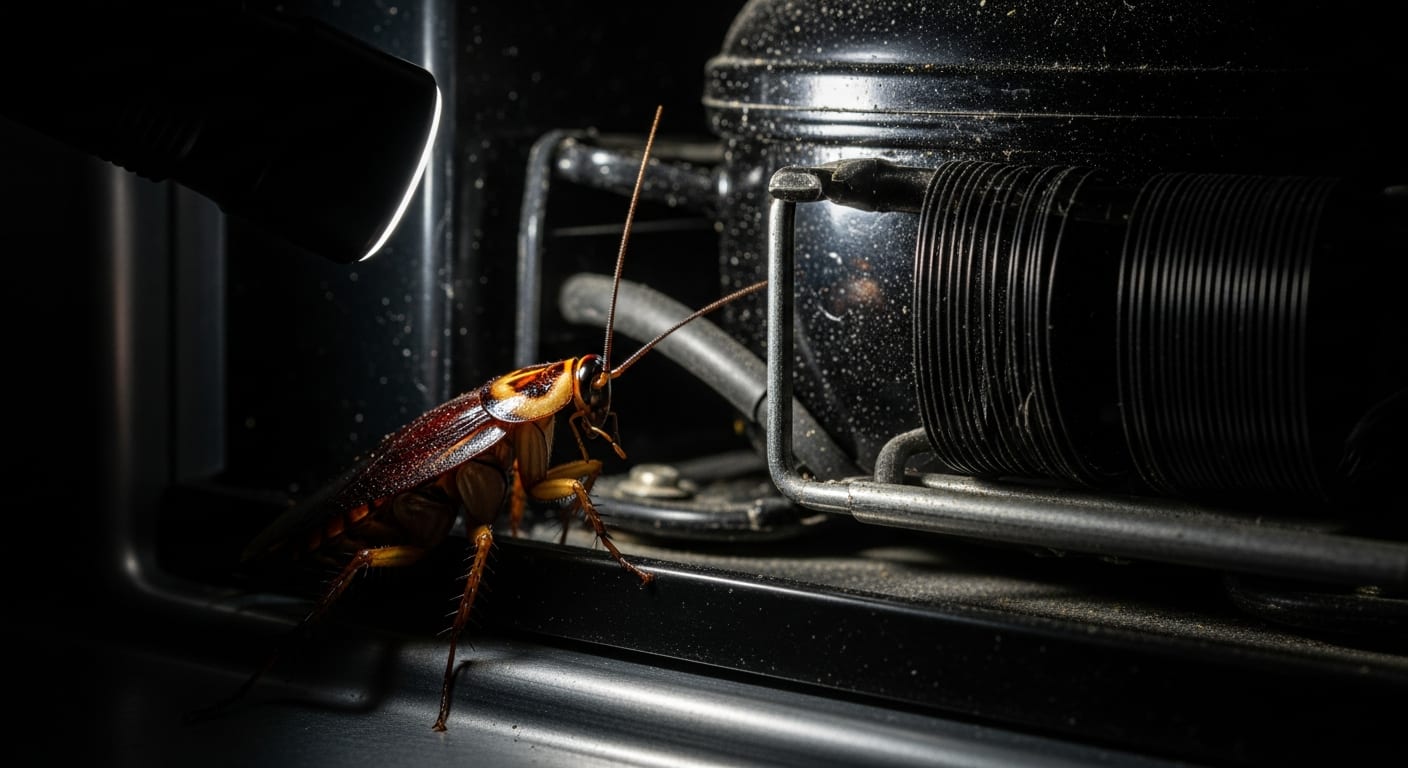Blatte germanique cachée derrière le moteur d'un réfrigérateur dans une cuisine