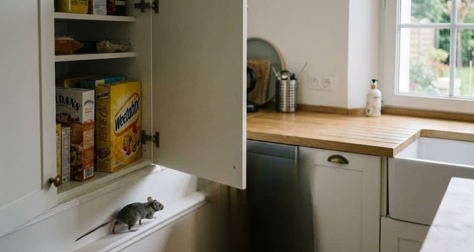 Souris grise se faufilant le long d'une plinthe de cuisine moderne près d'un placard alimentaire