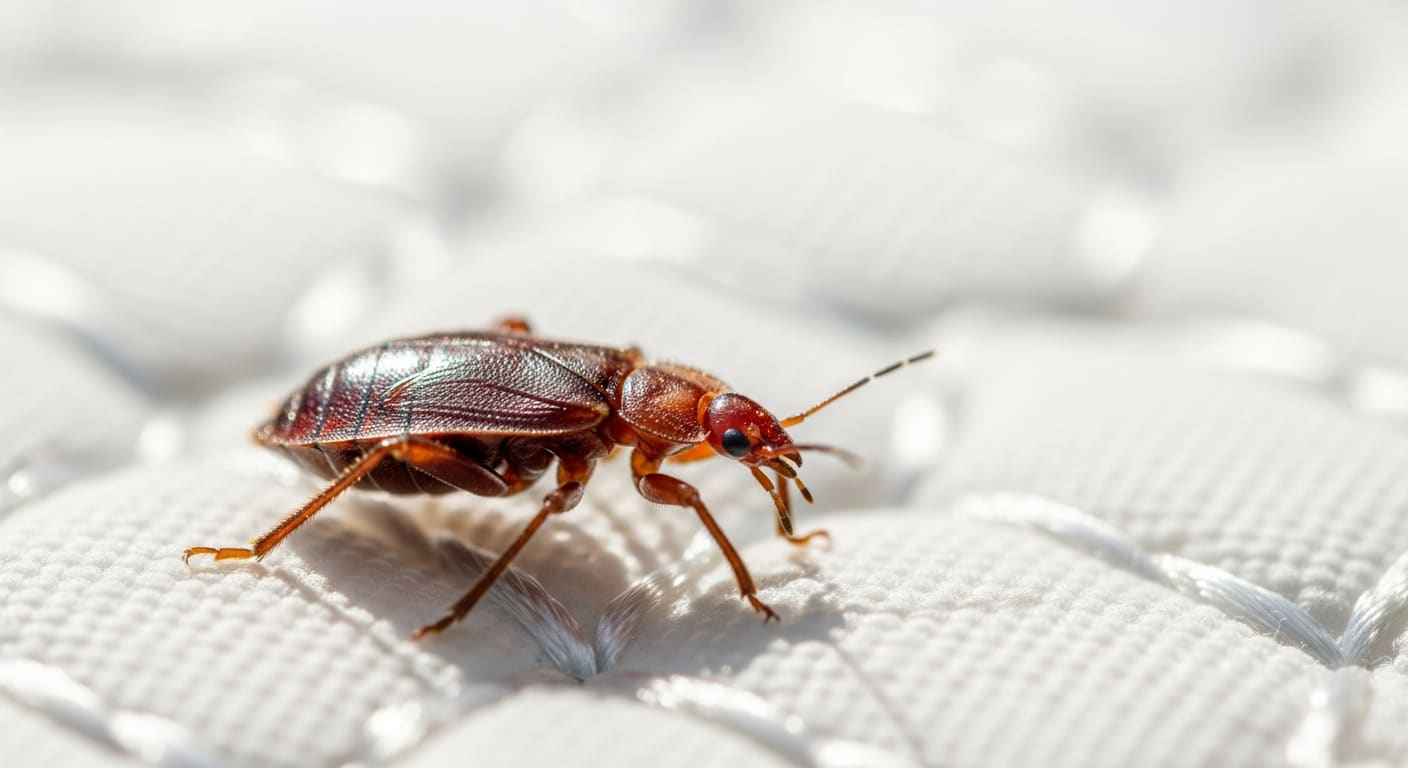 Punaise de lit adulte sur couture de matelas blanc vue de près