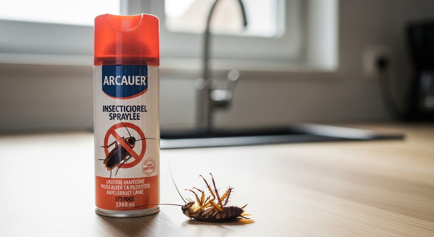Bombe aérosol anti cafard posée sur un plan de travail de cuisine avec un cafard mort à côté