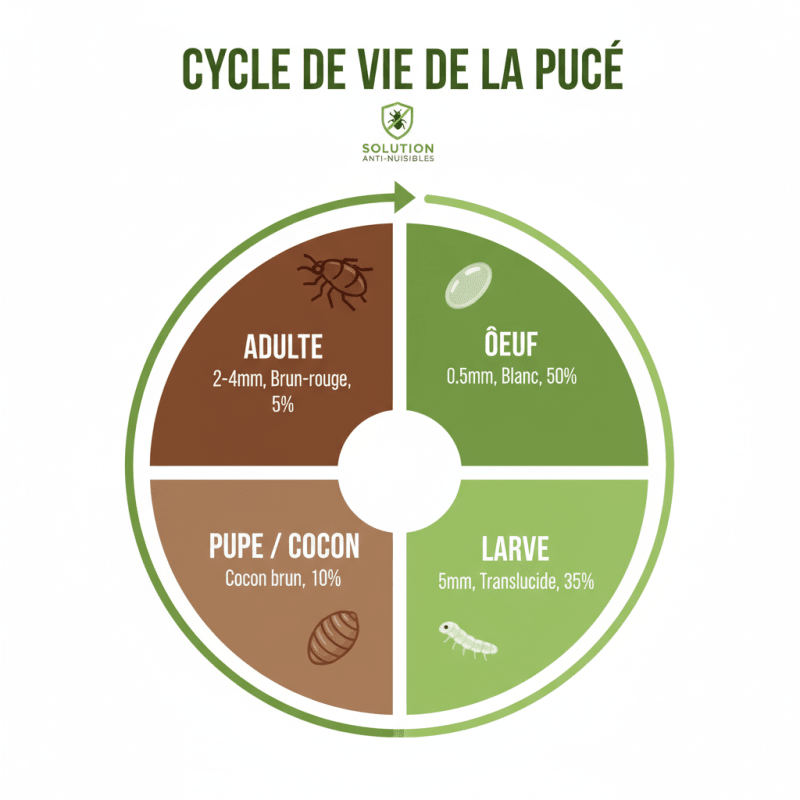 Infographie cycle de vie de la puce : œuf, larve, pupe et adulte avec pourcentages