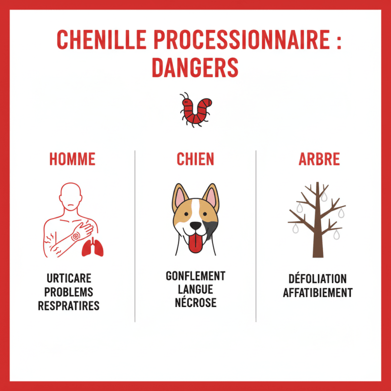 Infographie dangers de la chenille processionnaire pour l'homme, le chien et les arbres