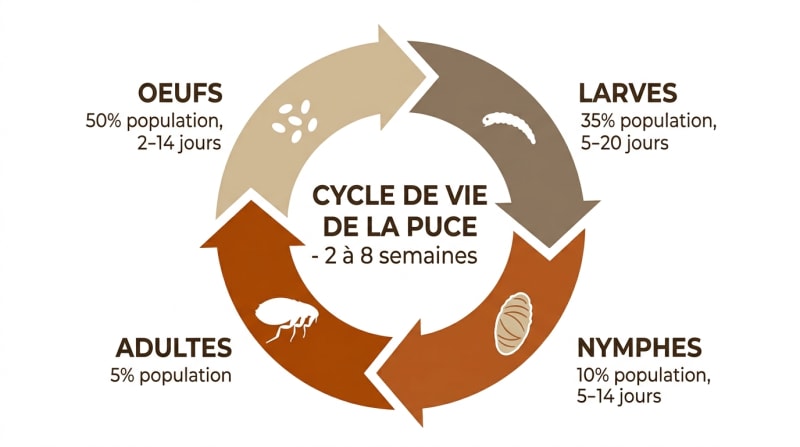 Infographie du cycle de vie de la puce : œufs, larves, nymphes et adultes avec durées de chaque stade
