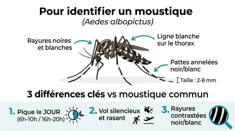 Infographie d'identification du moustique tigre : rayures, taille et différences avec le moustique commun