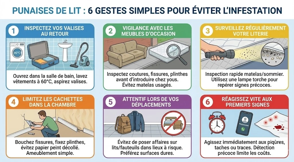 Infographie prévention punaises de lit : inspecter valises, vigilance meubles d'occasion, contrôler literie, limiter cachettes, attention déplacements, réagir aux premiers signes