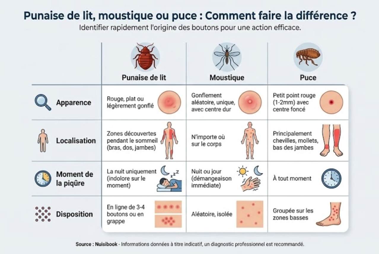 Infographie comparative des piqûres de punaise de lit, moustique et puce montrant leur apparence, localisation et disposition caractéristique