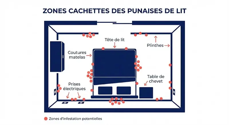 Schéma illustrant les cachettes principales des punaises de lit dans une chambre