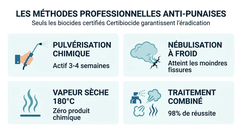 Infographie comparant les methodes professionnelles de traitement des punaises de lit