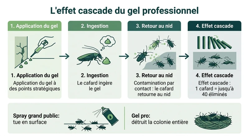 Infographie montrant l'effet cascade du gel insecticide professionnel contre les cafards