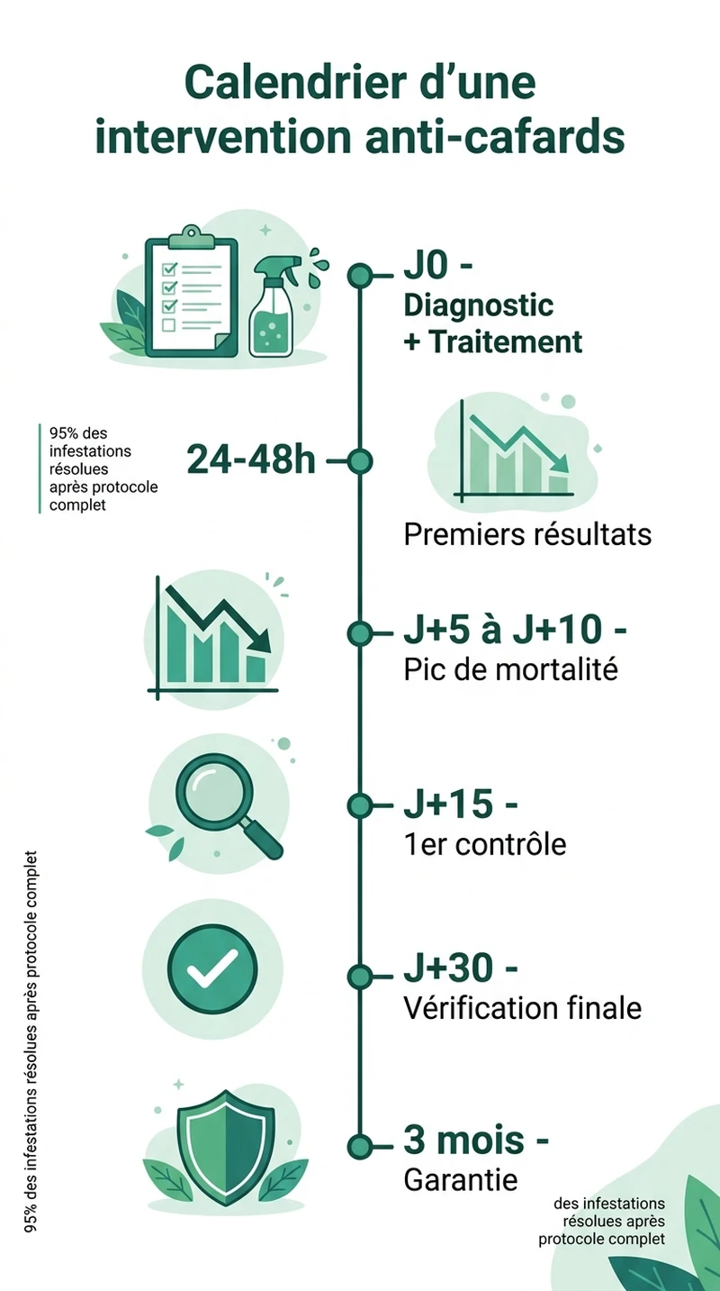 Infographie du deroulement d'une intervention anti-cafards avec suivi